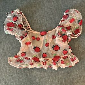 Mesh Cropped Top with Puff Sleeves and cherry/strawberry sequins